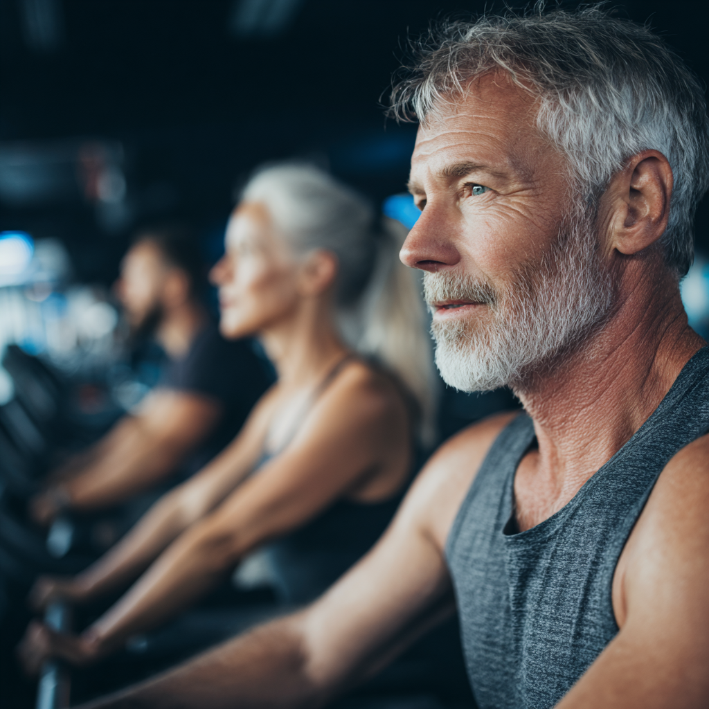 mature adults doing fitness exercises in modern gym