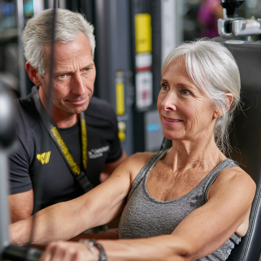 professional personal trainer working with mature adult client